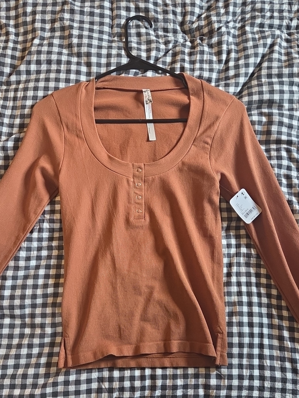 Free People Ribbed Long-Sleeve Henley Top in Rust